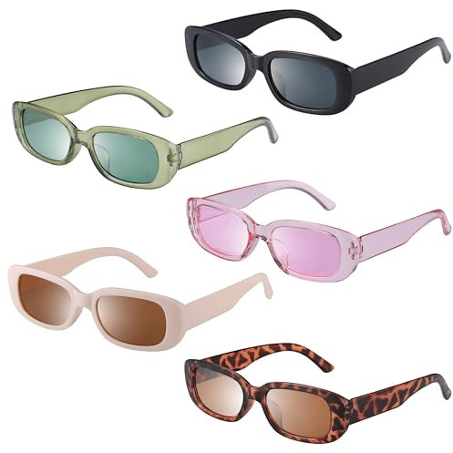 5 Stück Retro Sonnenbrille Damen, UV 400 Schutz Damen Sonnenbrille, Party Rave Sonnenbrille Coole Sonnenbrille, Eckig Sonnenbrille Schmal, Trend Vintage Sonnenbrille Set für Teens Damen Herren