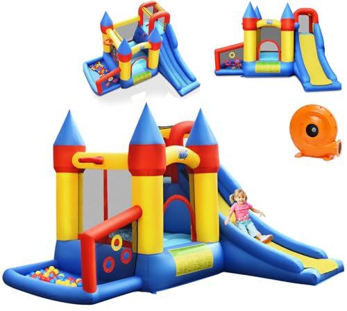 GYMAX Kids Bouncy Castle, Inflatable Jumping House with Slide, Climbing Wall, Basketball Hoop & 50 Ocean Balls, Children Bounce Playhouse for 3-10 Years Old (6 in 1 with 720W Blower, 301x331x216cm)