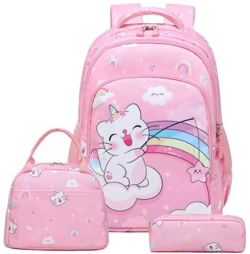 Kinderucksack Katzen Rucksäcke für Mädchen Schulranzen Kinder Einhornrucksack Schultaschen 3 TLG. Sets für Schule 1-3 Klasse,Reisen Wandern
