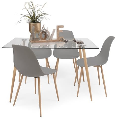 Homely - Conjunto de Comedor Cairo Nordic | Mesa + 4 sillas | Diseño Nórdico | Comedor, Salón, Cocina, Sala | Mesa de Cristal de 120x79,5 cm | 4 sillas nórdicas Color Gris Medio