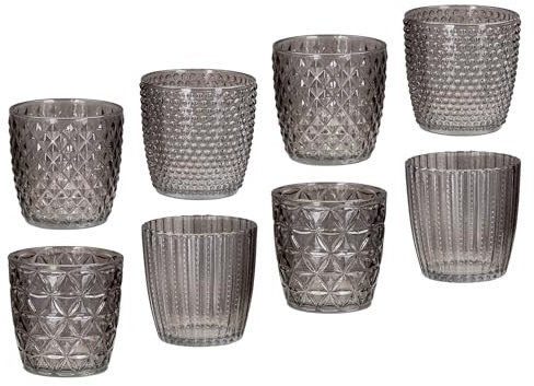 8er Set Windlicht H7,5cm Glas Grau Teelichthalter Tischdeko Kerzen Retro Deko Kerze Transparent Kerzenhalter Tischdeko Deko
