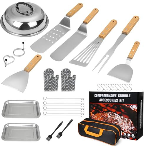RUINENGDA Teppanyaki Kit Barbecue Set en Acier Inoxydable, Accessoire Spatule Plancha, Ustensiles Barbecue pour Grils Blackstone et Grils à Gaz (34PCS)