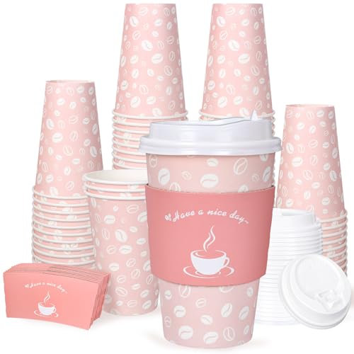 Whaline 100 Pack Disposable Coffee Cups with Lids and Sleeves 16oz Pink Coffee Bean Theme Paper Cups To Go Coffee Cups for Cafes Shops Cappuccino Chocolate Beverage Cocoa