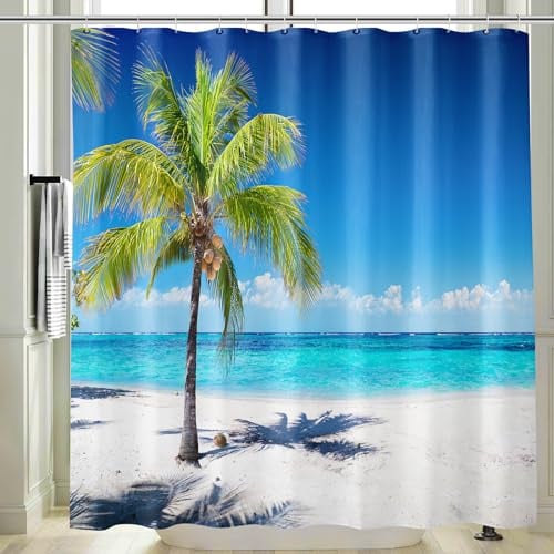 Vgzsyomqib Tropical Rideau Douche Anti Moisissure 3D Imprimé Mer Bleu Palmier Rideau de Salle Bain 180x200 Long Tissu Polyester Imperméable Plage Océan Rideaux Baignoire Lavable avec Anneaux