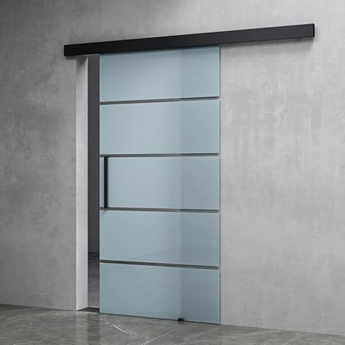 Mai & Mai Glasschiebetür komplettset Schwarz 5-Milchglas Streifen, Griffart: Stangengriff, BxH: 102.5x215cm, 15 mm Wandabstand, 8mm ESG-Sicherheitsglas