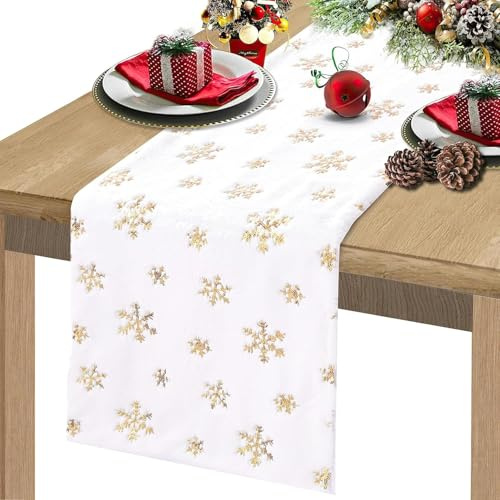 BrillShine Weihnachten Tischläufer - Weiß Gold Schneeflocke Faux Fur Modern Deko (35x120cm)