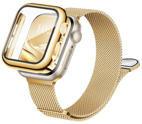 Raradev 3-in-1 Compatible with Apple Watch Metal Straps 44mm with Case & Screen Protector, Dual Magnetic Band and Protective Cover with 9H Tempered Glass for iWatch SE3 Series 6/5/4, Gold