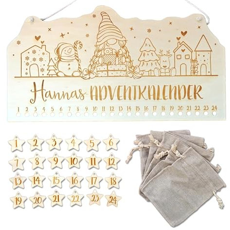 FEENSTAUB Personalisierter Adventskalender, individueller Adventskalender aus Holz, Adventkalender Brett graviert, Holzadventskalender zum Aufhängen, DIY Weihnachtskalender Weihnachtsgnom
