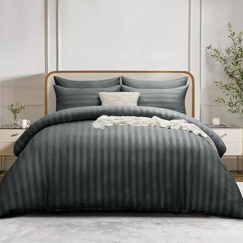 Simply Amelia King Size Duvet Cover Sets Stripes Satin Quilt Cover Bedding Sets with Pillowcases Hypoallergenic Ultra Soft Microfiber (Charcoal, 220 x 230 cm)