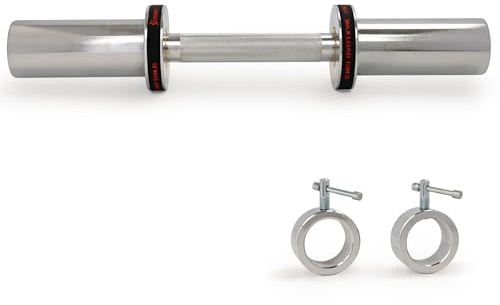 Sunny Health & Fitness 16-inch Olympic Dumbbell Bar with 2-inch Sleeves, Chrome Finish, Spin-Lock Collars