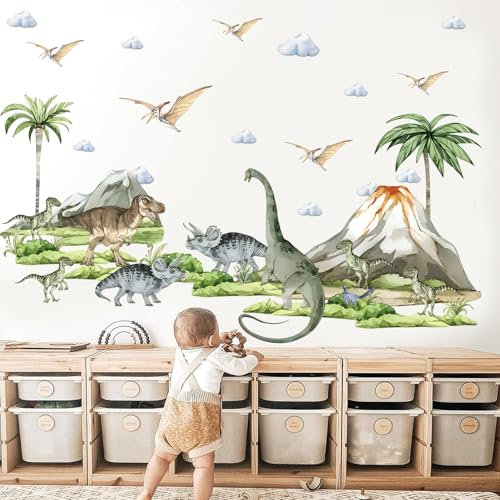 Dinosaurier Wandtattoo XXL, Dinosaurier Wandsticker Kinderzimmer, Selbstklebend Dino Wandaufkleber, Wandtattoo Dinosaurier Vulkan Pflanzen, Jurassic World Tiere Zeichentrick Wanddeko für Babyzimmer