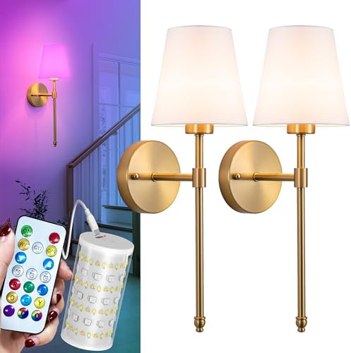 SHYFLEMP Battery Operated Wall Sconce with Remote Control, 10000mAh Rechargeable Lighting Up to 60 Hrs, RGB Dimmable Wireless Set of Two for Living Room Hallway