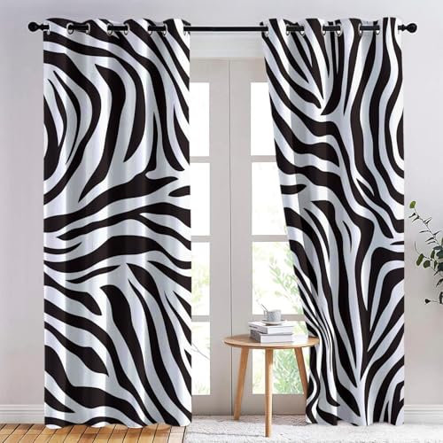 Vorhänge Wohnzimmer Tier Zebra Streifen Muster, Schöne Schwarz Drucken Gardinen Fenster Vorhang Transparent mit Ösen Set Modern Schlafzimmer Vorhänge H215 x B110 cm (2er Pack)