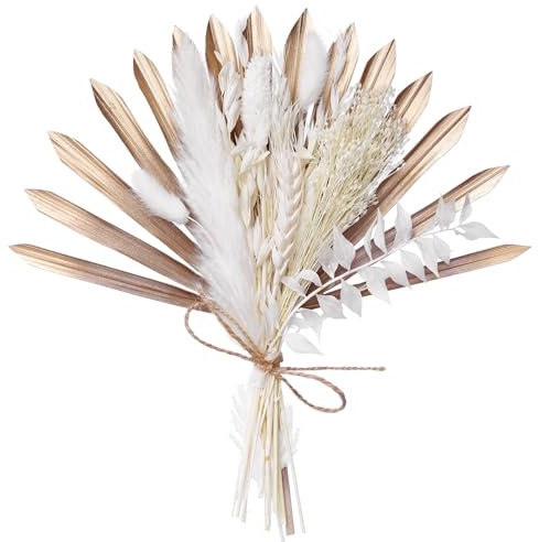 The Baked Studio - Boho Dried Flower Cake Topper Set With Mocha Latte & Gold Ombre Sun Palm Leaf Leaves & White Dried Flowers For Cake Decorating (Mocha Latte)