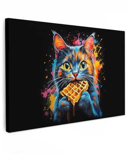 MuchoWow© Leinwand Groß 120x80 cm XXL Deko Schlafzimmer Aesthetic Leinwandbilder Wohnzimmer Gemälde Foto Geschenk Living Room Decoration Katze - Graffiti - Bunt - Waffel - Essen