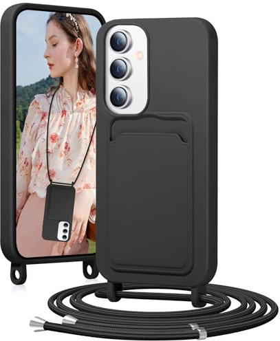 BENTIACC Coque de protection en silicone pour Samsung Galaxy S24 avec compartiment pour cartes, cordon amovible, résistant aux chocs - Noir