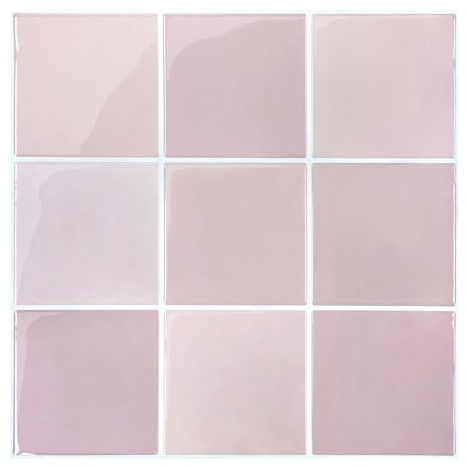 Commomy 3D Thicker Tile Stickers for Kitchen and Bathroom,10 Pcs 12 x 12 | Pink Square Peel and Stick Wall Tiles for DIY Interior Home Wall Decor,Waterproof Splashback,Glossy Surface (Covers 10 sq.ft)