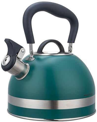 Kinghoff Wasserkessel 1.8L aus Edelstahl, Pfeifkessel Induktion, klein Flötenkessel, Teekessel mit Einklappgriff, Wasserkocher für alle Kochplatten, Kessel matt grün KH-1855