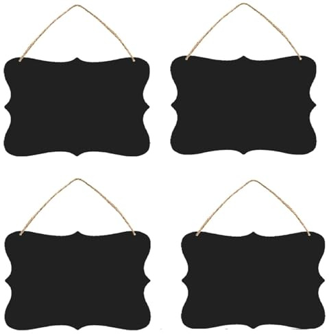 Lot de 4 tableaux noirs en bois double face à suspendre, panneau à message effaçable avec ficelle de suspension pour mariage, cuisine, fête (23 x 18 cm)
