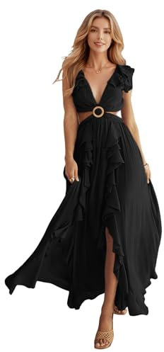 HEYPORK Damen Frühling Sommer Kleider Lässig Bequem Kleid Modern Elegant Röcke Frauen Slim Rückenfreies Kleid V-Ausschnitt Gerafften Schlitz Langen Rock(Schwarz, M)