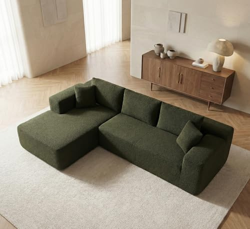 Galyar Modulares Ecksofa mit Schlaffunktion aus komprimiertem Schaumstoff, 3-Sitzer L-Form Couch mit Hocker, Lieferung ohne Montage (Englischer grüner Bouclé, Rechts Chaiselongue)