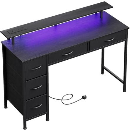 MUTUN 120CM Computer Desk with 5 Fabric Drawers, Gaming Desk with LED Lights & Power Outlets, Home Office desk with Monitor Stand, Work Desk with USB Charging Port, Black