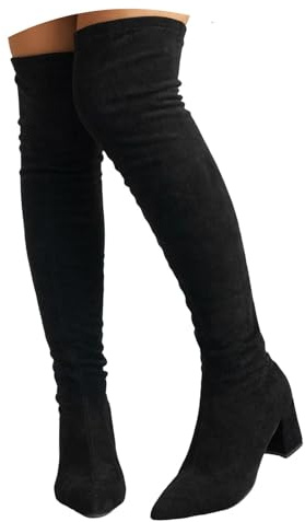 Xbemkste Stivali sopra il ginocchio da donna con tacco, eleganti stivali lunghi al ginocchio, stivali alti in pelle scamosciata, tacco elasticizzato, facili da indossare, Nero , 40 EU