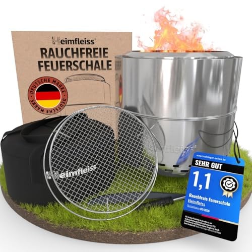 Heimfleiss® Rauchfreie Feuerschale Edelstahl Ø50cm - Grillrost | Silbe | Rauchfreie Feuerstelle & Feuertonne aus 304-Edelstahl | mit Grill, Aschewanne & Tragetasche | für Garten, Camping & Terrasse