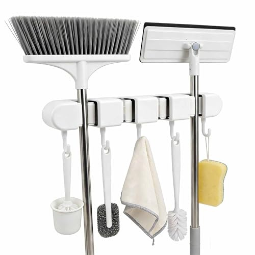OMEELER Broom Mop Holder, Broom Storage with 4 Holders and 5 Hooks, Self-Adhesive Mop Holder Wall Mounted, for Kitchen Bathroom Garden (White)