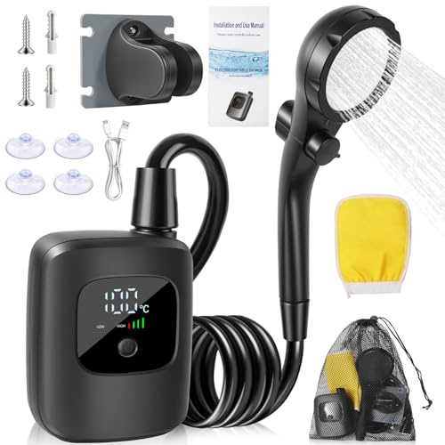 Wezalget Douche Portable pour Le Camping, Pompe de Douche extérieure Rechargeable 2400 mAh, 4 Modes de pulvérisation et Affichage LED, pour randonnée, Camping-Car, Voyage, Lavage de Voiture