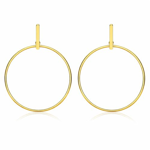 LÖB 750 Gold vergoldet Edelstahl Ohrringe Hängend Kreis Ring Anhänger Groß Damen Ohrstecker Ohrhänger Stab Rund Lang Minimalistisch Modern Geometrisch
