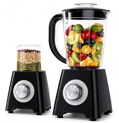 2-in-1 Multifunction Blender and grinder with 1.6L Jug and 250ml Travel Cup, Smoothie Maker and Food Processor for Drinks, Soups and Sauces