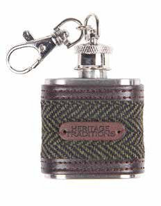 Heritage Traditions 1oz Tweed Hip Flask Keyring Charm (Green Herringbone)