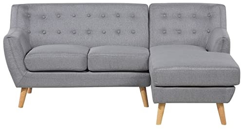 Beliani 3-Sitzer Ecksofa mit Armlehnen Stoff Grau Knopfheftung Holzgestell Retro Motala