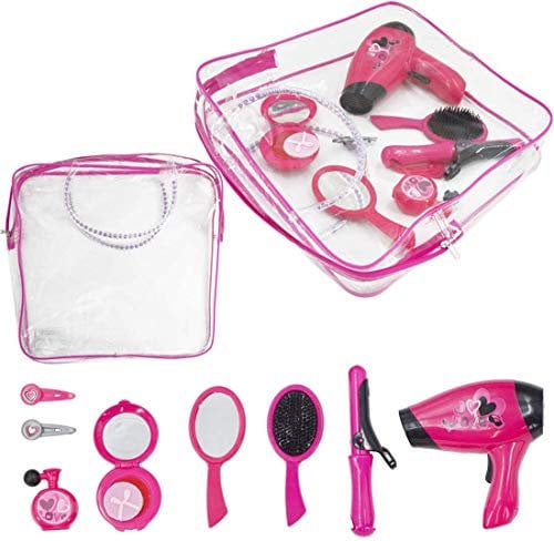deAO Friseur- und Schminktasche, Beauty-Set für Mädchen, Styling, Make-up und Haar-Accessoires, Spielset inkl. Spiel-Haartrockner und Lockenwickler
