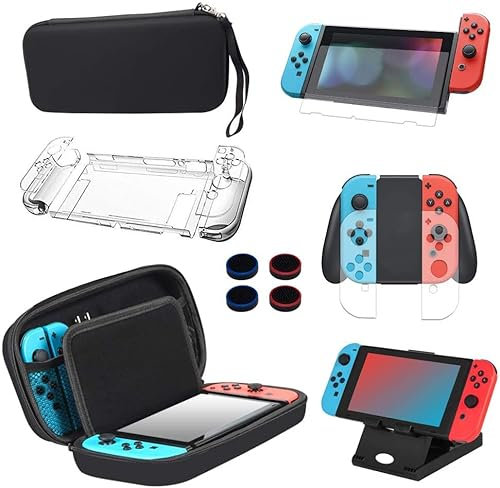Case Compatible with Nintendo Switch,14 in 1 Case & Accessories Kit ,Comes Carrying Case , Screen Protector, Joy-Con Controller Case, Thumb Grip Caps, Adjustable Stand, Portable Strap (Set 1, Black)