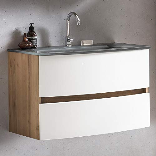 Lomadox Badezimmer Waschtisch 80 cm Wotaneiche Nb. mit matt weiß inkl. Glaswaschbecken grau, BxHxT: ca. 80x53x49 cm