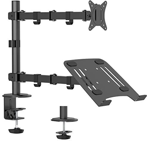 WORLDLIFT Laptop Monitor Mount Stand- Height Adjustable Desk Mount with Clamp and Grommet Mounting Base for 1 monitor up to 32” and 1 laptop up to 17”, 19.84 lbs Per Arm, Black