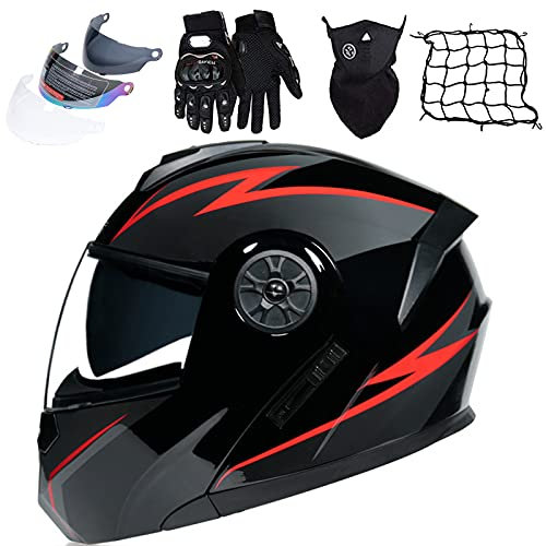 KILCVEM Motorcycle Helmets DOT/ECE Approved Modular Flip up Front Motorbike Helmet Sets (4 pieces) with Sun Visor, Full Face Racing Crash Helmet for Adult Men Women - Black Red,L