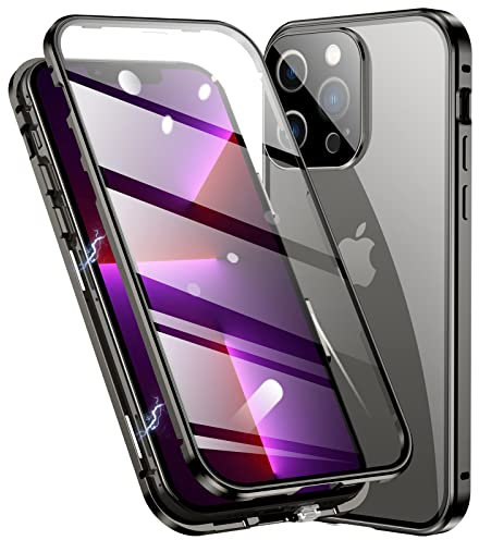 Jonwelsy Case for iPhone 13 Pro (6.1 inch), Magnetic Adsorption Metal Bumper Frame Flip Cover with 360 Degrees Double sides Transparent Tempered Glass Case for iPhone 13 Pro (Black)