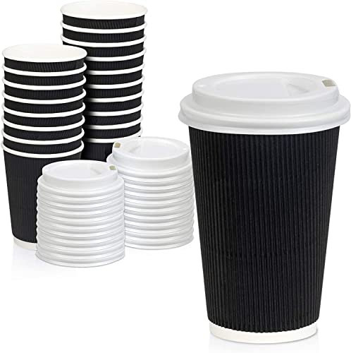 16oz Black Ripple Paper Coffee Cups and White Lids [50 Sets, 16oz/470ml ] Takeaway Insulated Hot Drink Cups with Matching Snug Fit Lids 4oz 6oz 8oz 12oz 16oz