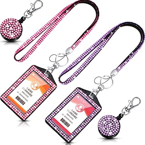 Strass-Schlüsselband für Ausweise, 2 Sets mit Strasssteinen, einziehbare Diamant-Schlüsselbänder für Ausweise (Pink, Lila, vertikaler Stil)