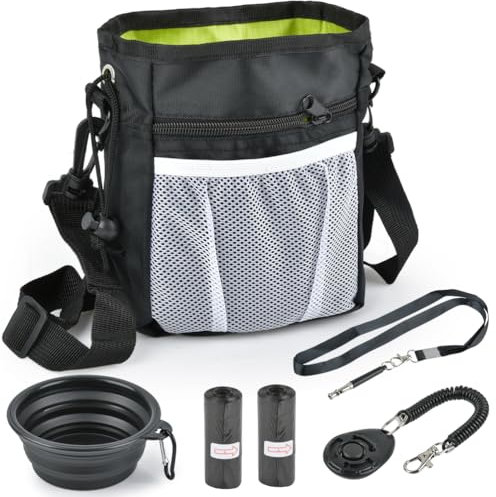 TMBMLPP Leckerlibeutel fur Hunde, 6 in 1 Futterbeutel Hund, faltbarer hundenapf | Klicker | 2 Kotbeutelspender | Hundepfeife| futtertasche hundetraining, hunde leckerlitasche für Training - Schwarz