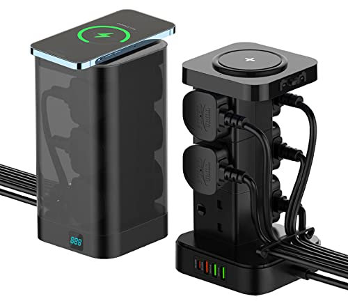 Tower Extension Lead with USB C Slot & Wireless Charger, Surge Protector Multi Plug Socket 6 Way Outlet Heavy-Duty Power Strip Extension Cord 3M, Smart Charging Station PD30W QC3.0
