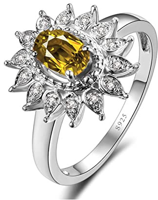Daesar - Anillo Boda Plata Mujer,Anillos de Plata Mujer 925 4 Garras con Oval y Flor Circonita Amarillo Anillos Compromiso Talla 14(54mm)