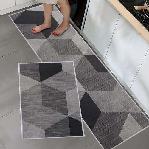 BWBIKE Juegos de alfombras de Cocina Alfombras de pie Lavables 2 Piezas Juegos de alfombras de Piso Antideslizantes de Microfibra, 43 x 75 cm + 43 x 150 cm, Rombo-Rejilla