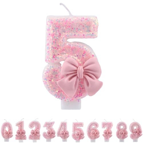 ALLAVA Kerzen Geburtstag 5, Geburtstagskerzen Zahlen Mädchen, Glitzernde Kerze 5, Geburtstagskerzen für Kinder, Erwachsene,Geburtstagsfeier, Jubiläum, Meilenstein (7,5cm, Rosa)