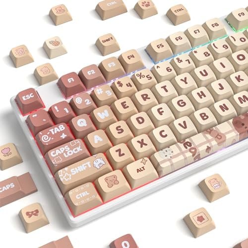 Ussixchare 133 Key PBT Keycaps XDA Profile - Dye-Sublimation Custom Keycaps for Cherry Gateron MX Switches - 60% 75% 100% Mechanical Gaming Keyboards (Caramel Bear)