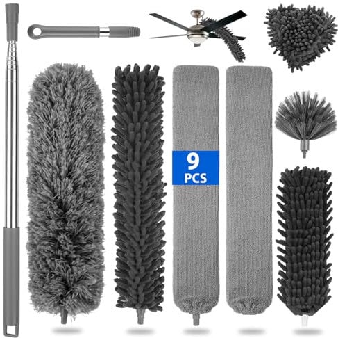 Otauoaea Spolverino 9 pezzi, SpolverinoTelescopico Lavabile, Lunghezza Massima 37,5-190 cm, Con Spolverino Pieghevole,Piumino Polvere per Divani Letto, Soffitti, Angoli e Lampadari