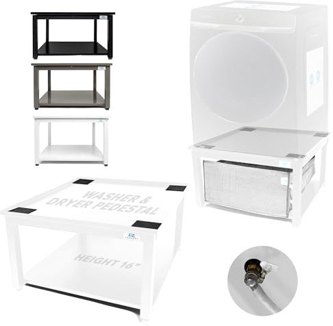 EZ Laundry | Upgraded 27” Universal Laundry Pedestal – 700lbs Capacity, Raises 16” with Built-in Drain Pan + Hose, Adjustable Feet, Anti-Vibration, Steel & Storage Shelf for Washer & Dryer (White)